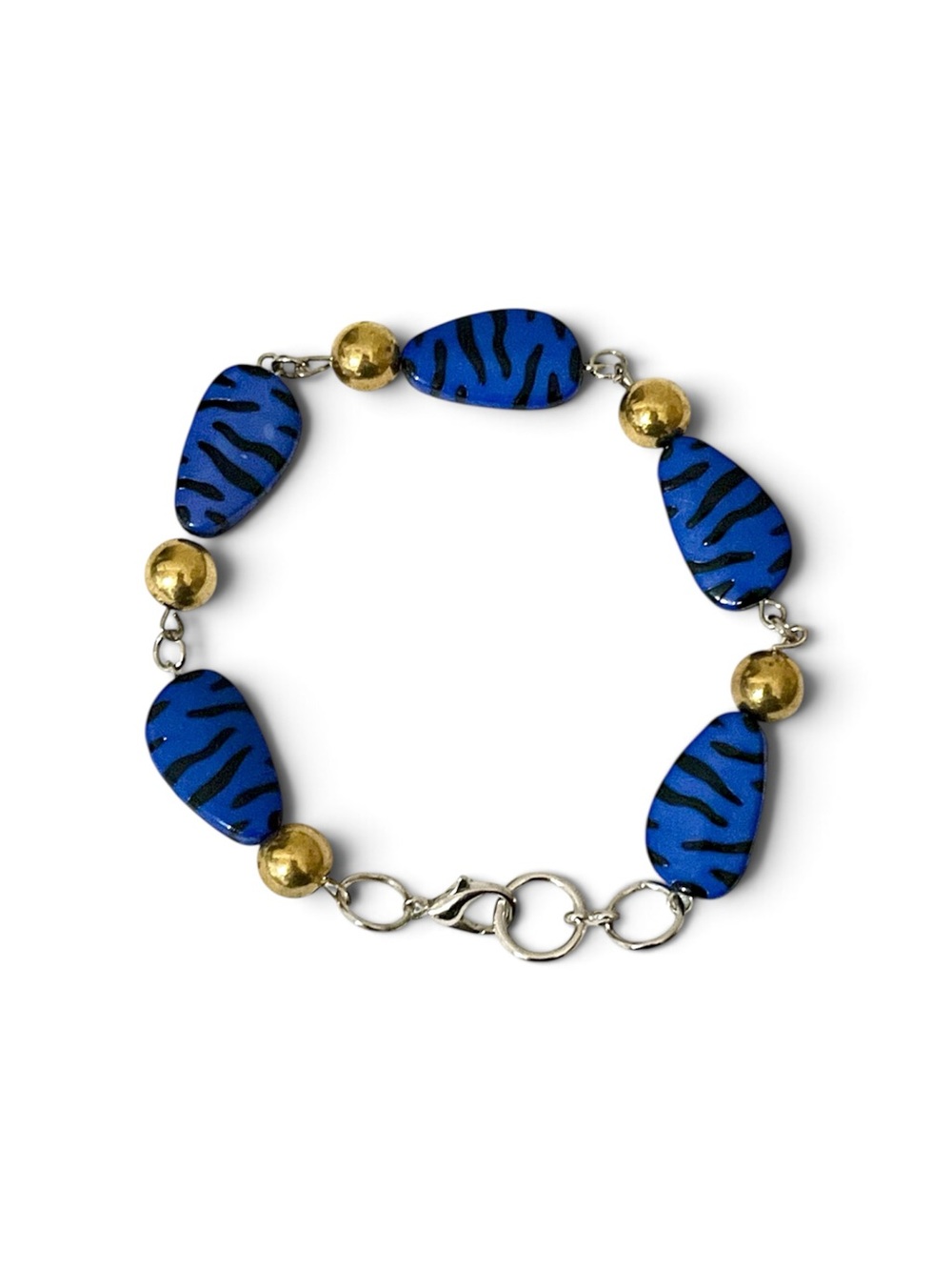 Blue Tiger Stripe Beaded Bracelet Gold Accent Black Animal Print Zebra Bead